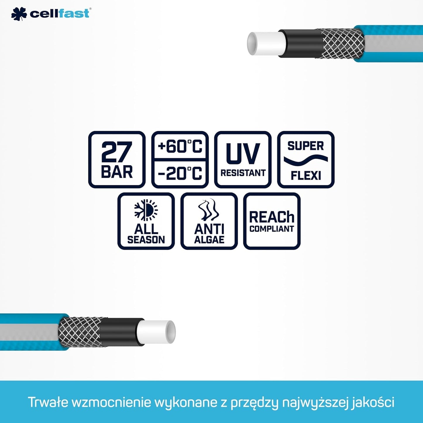 Kit de tuyaux d'arrosage Cellfast Ideal, robuste, flexible, 4 brins, arroseur, résistant aux UV et aux algues, technologie Reach, 27 bar, -20/+60° courte durée, 1/2", 20 m