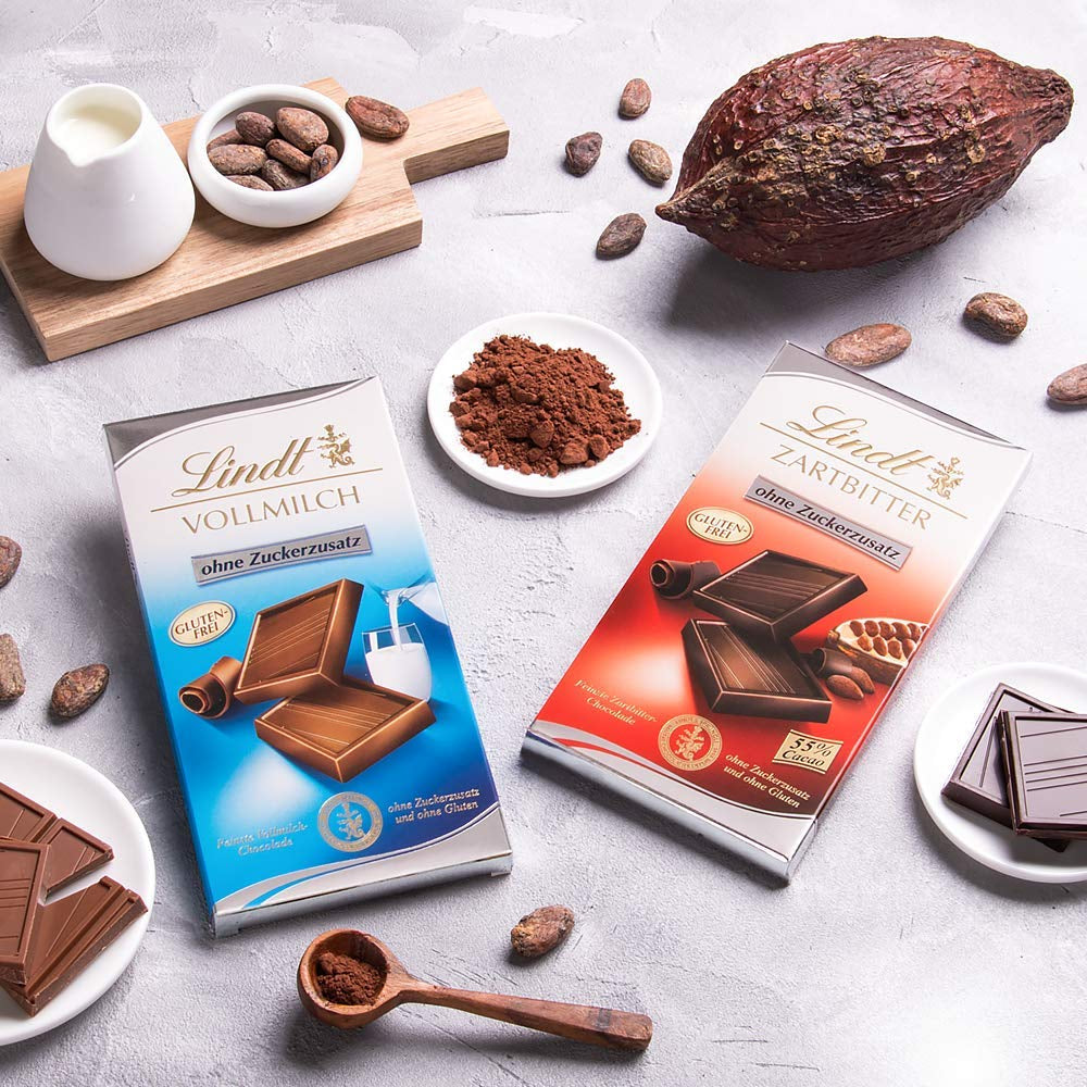 Chocolat noir sans sucre ajouté | Comprimé 100g | Le meilleur avec 55% de cacao, sans gluten | Barre de chocolat | Coffret cadeau chocolat (paquet de 4)