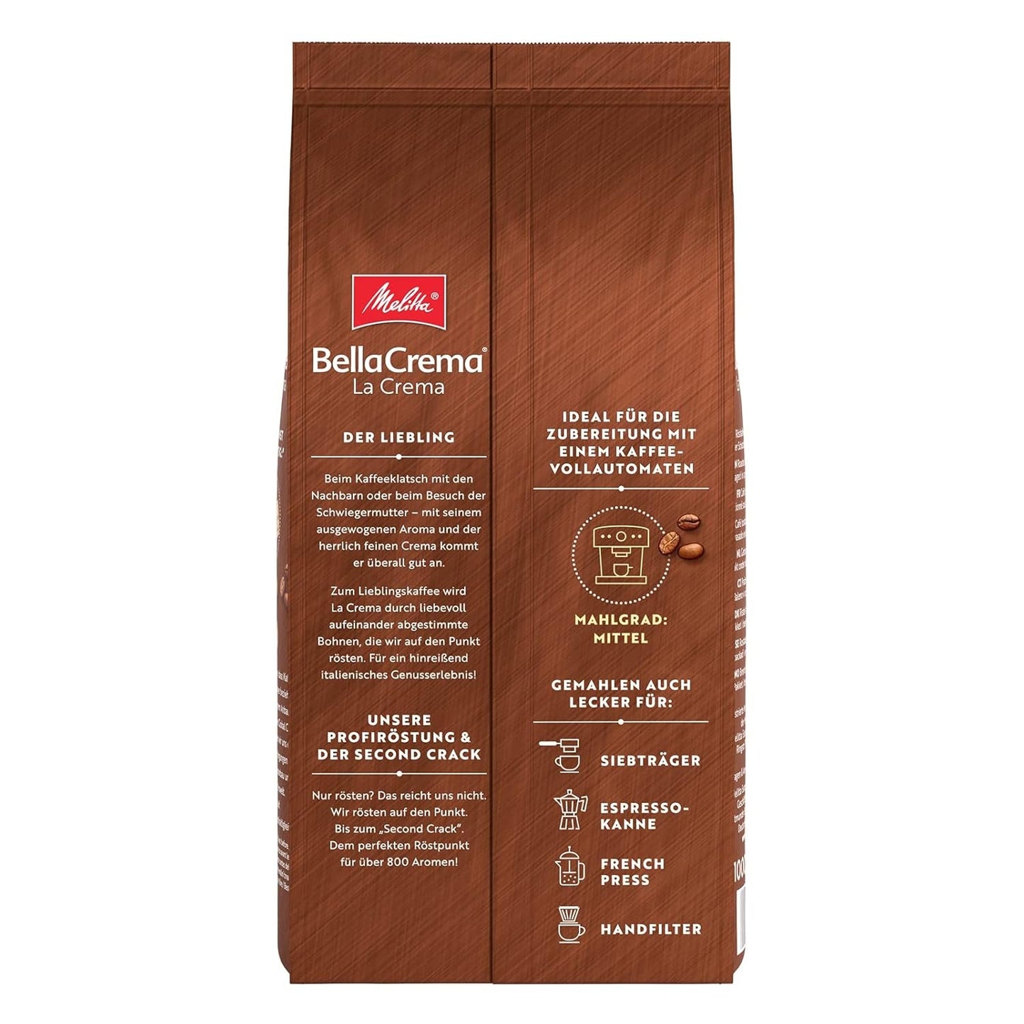 Café en grains Melitta BellaCrema La Crema 1kg et café en grains décaféiné BellaCrema Decaffeinato 1kg
