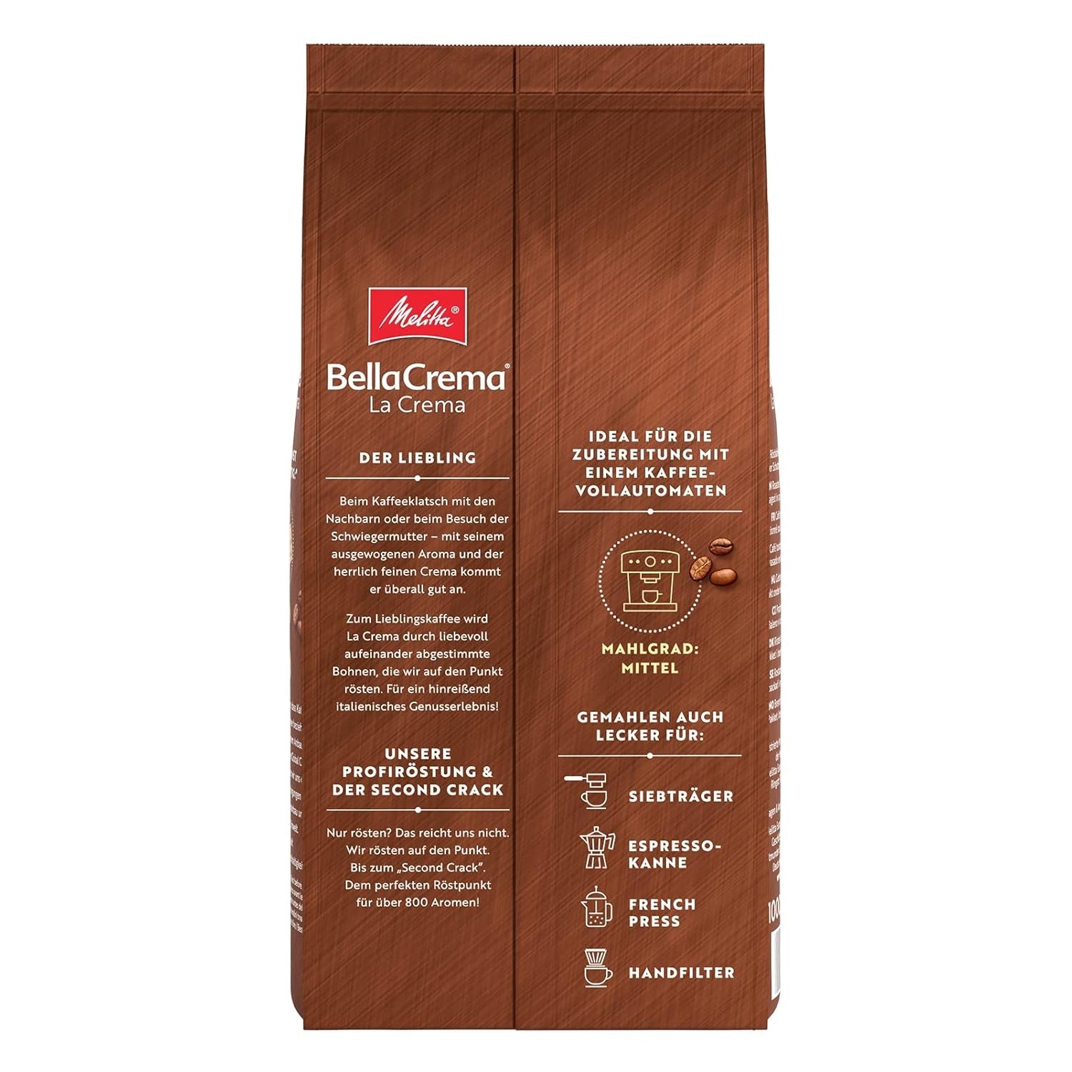 Café en grains Melitta BellaCrema La Crema 1kg et café en grains décaféiné BellaCrema Decaffeinato 1kg