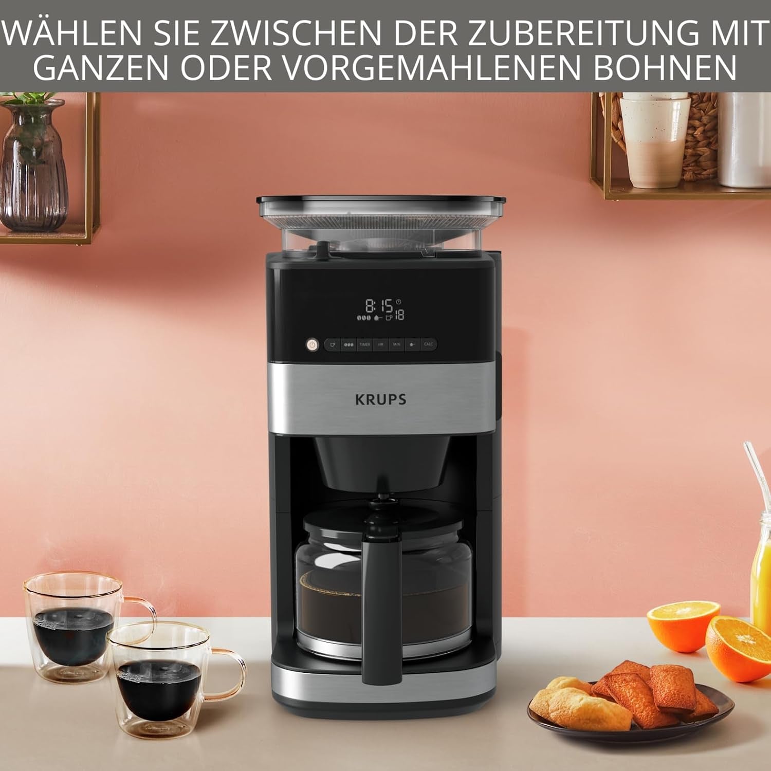 Machine à expresso Krups KM8328 Grind avec broyeur | Minuterie 24 heures | Contenant à céréales 180 g | Capacité 1,25 l pour jusqu'à 15 tasses de café | Fonction de mise hors tension automatique | 3 réglages de mouture | Noir