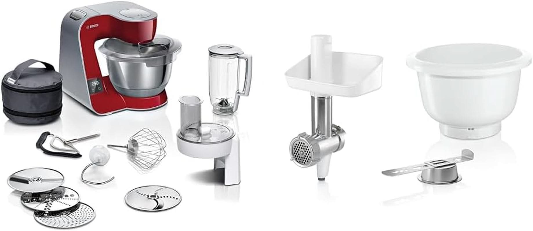 Robot culinaire Bosch Series 4 MUM5X720, balance intégrée, bol en acier inoxydable 3,9 L, mixeur 1,25 L, 1000 W Accessoires Alimentation et allaitement Baby Naty Shop Bundle avec Bakingsensation Rouge foncé / argent 2 accessoires
