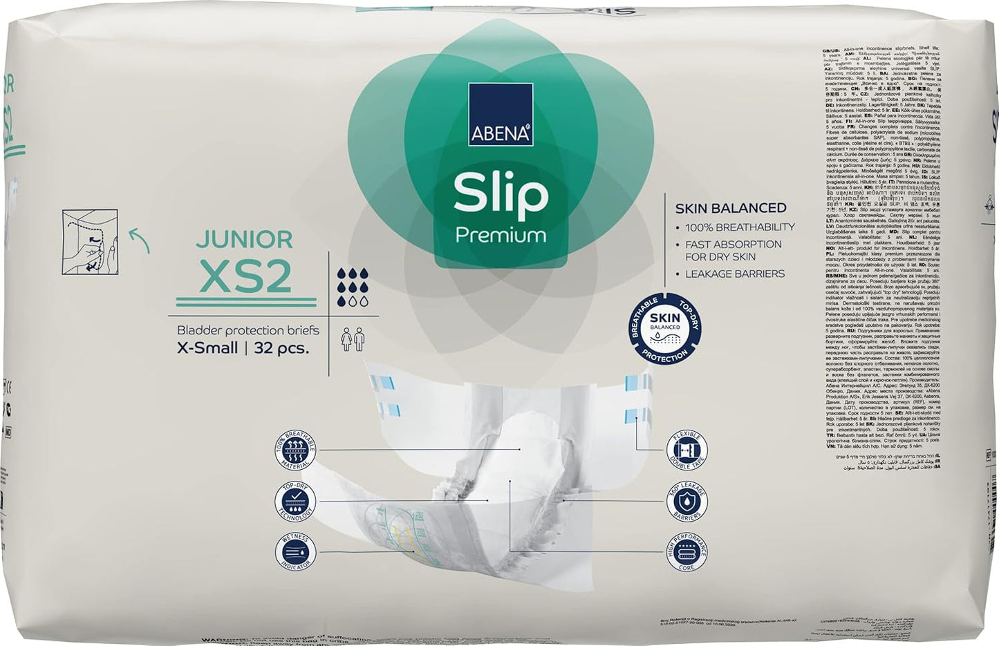 Couches antidérapantes junior de qualité supérieure, écolabellisées, protection améliorée contre les fuites, couches pour bébé sûres et confortables - taille 7/XS2, tour de taille 40-60 cm, 5-15 ans, 1 x 32 paquets