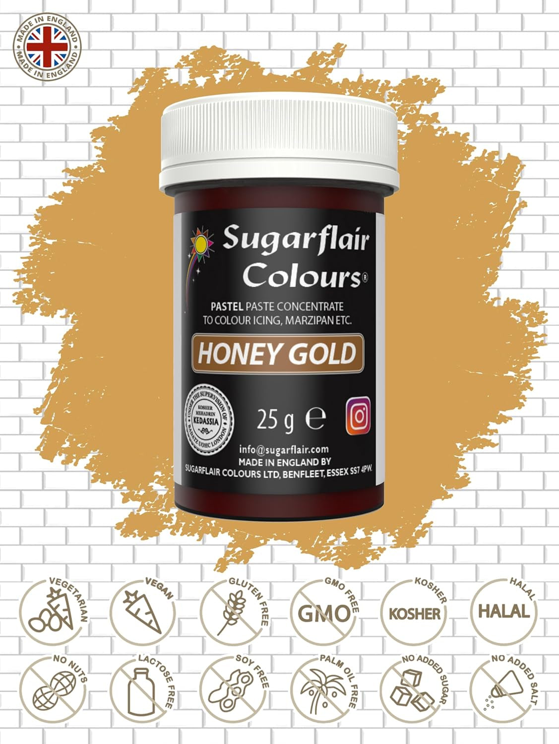 Colorant alimentaire pour pâtes Sugarflair, couleur pastel Miel Or, colorant alimentaire pour pâtes fondant et pâte d'amande, Couleurs concentrées spectrales - 25 g
