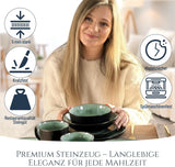 Service de table 24 pièces en grès cérame pour 6 personnes, design Ibiza, GAGNANT DU TEST. Un magnifique ensemble de vaisselle méditerranéenne comprenant des bols et des assiettes. Service de table Pure Living, vert sauge.