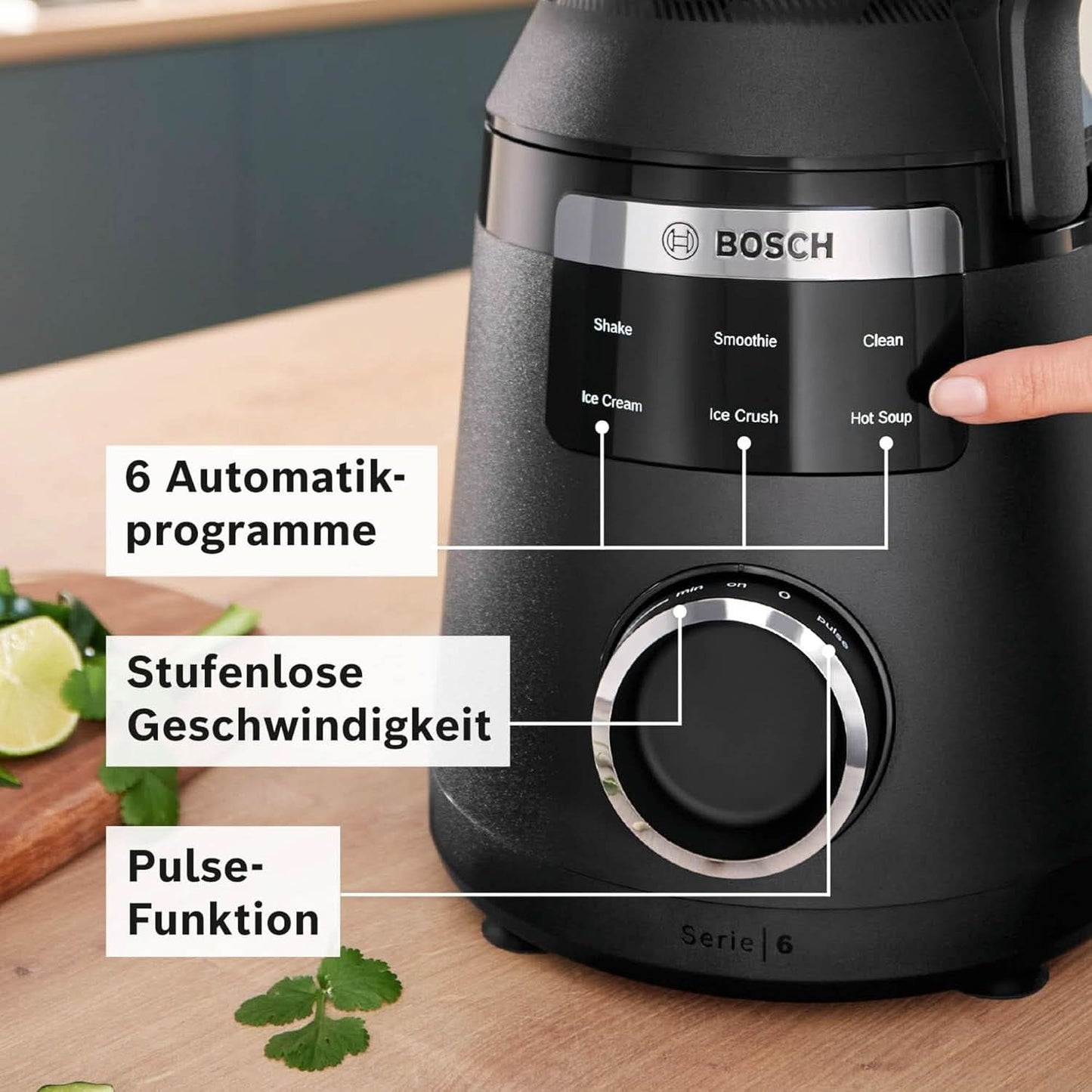 Batteur sur socle à grande vitesse Vitapower Serie 6 MMBD665B1, 45 000 tr/min, 6 programmes Inkl Heiße Suppe & Reinigung, 2 L Mixbehälter, Stopfer, Spülmaschinenfeste Teile, Made in Europe, 1800W, Schwarz Kitchen Naty Shop