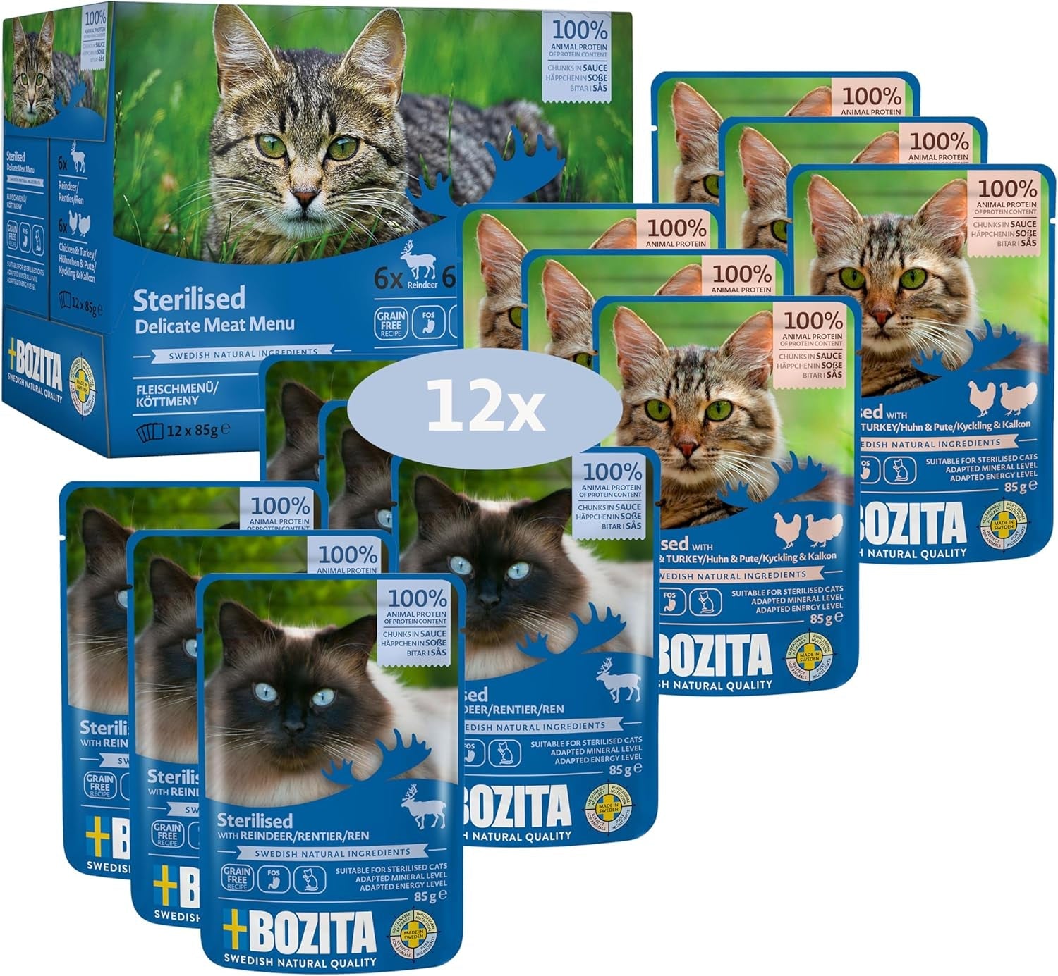 Bozita Multibox de nourriture humide stérilisée – Morceaux en sauce à la viande – 12 sachets en portions x 85 g sans céréales ni blé – Nourriture pour chat avec 8,5 % de protéines et 3,5 % de matières grasses