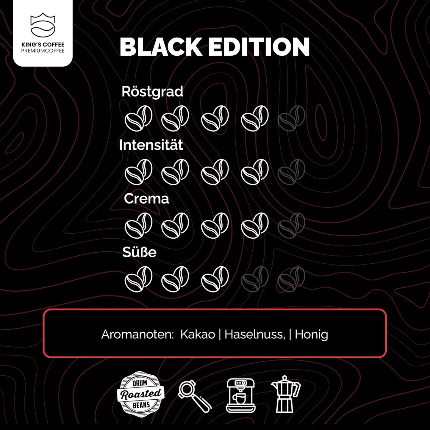 KING'S COFFEE - BLACK EDITION - 1 kg de grains de café crème intense - Café à faible acidité - Torréfaction en petits lots d'Italie - Grains d'espresso Arabica forts (mélange) pour machines entièrement automatiques et porte-filtres