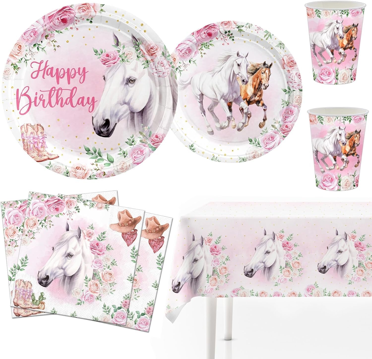 Ensemble de fête cheval rose, 51 pièces, assiettes, gobelets, serviettes, décoration de Table cheval d'anniversaire pour enfants filles et garçons