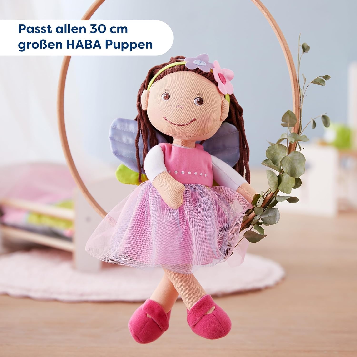 HABA Vêtements de poupée fée magique - Ensemble 2 pièces pour poupées de 18 mois et plus (30 cm) - Robe en tulle avec ailes, bandeau fleuri inclus - 1306243001