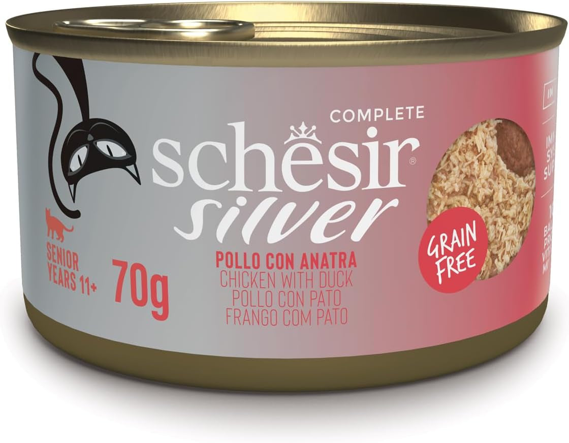 Silver Poulet avec Mousse et Filets de Canard, Aliment humide complet pour chats seniors, Sans céréales, Soutien immunitaire, Source d'humidité, 12 x 70 g
