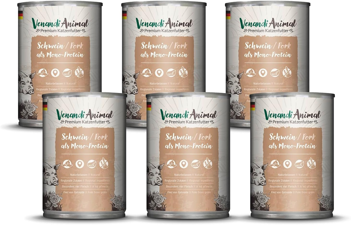 Venandi - Nourriture humide premium pour chats - porc comme protéine unique, 6 x 400g (paquet de 6), sans céréales avec un supplément de viande