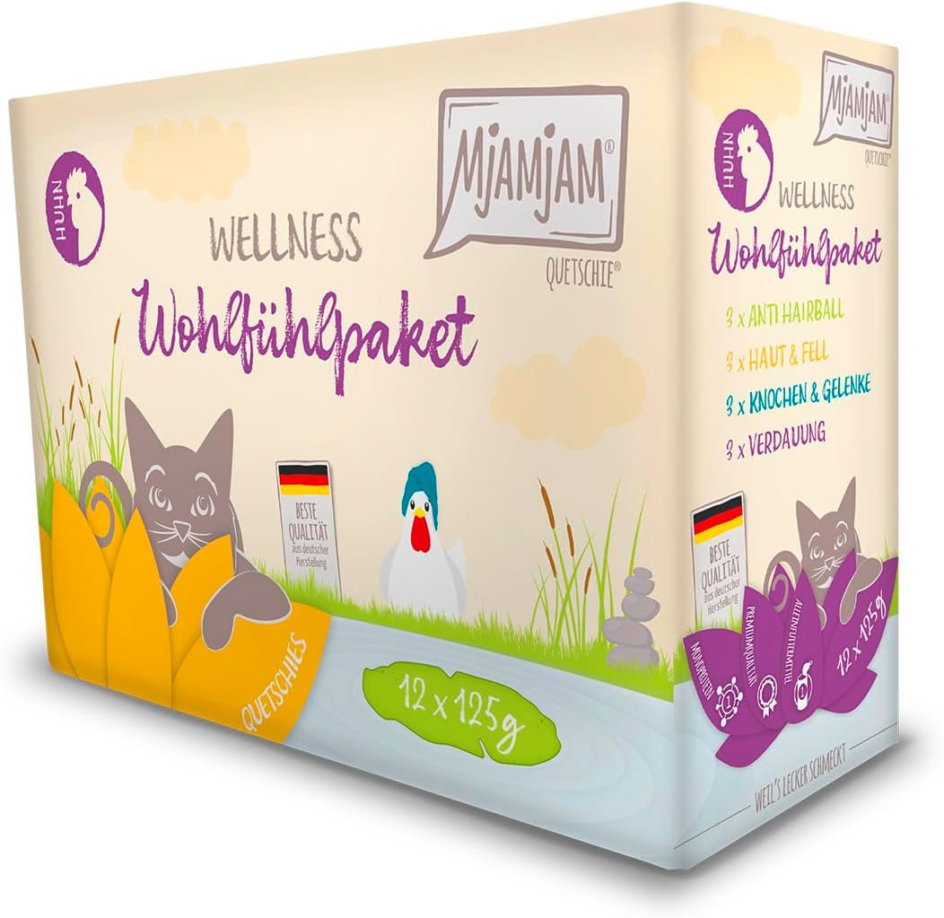 MjAMjAM - Nourriture humide de qualité supérieure pour chats - Pack bien-être au poulet 12 paquets (12 x 125 g) sans céréales avec viande supplémentaire