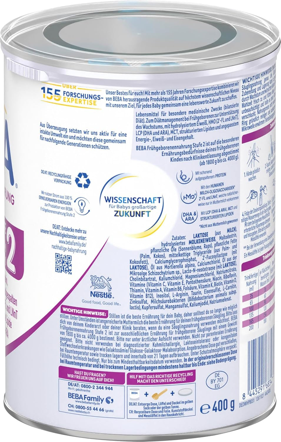 BEBA Préparation pour nourrissons prématurés Stage 2 – Nourrissons prématurés après sortie de l'hôpital, nourriture pour bébé, lait en poudre pour bébé, 1 paquet (1 x 400 g)