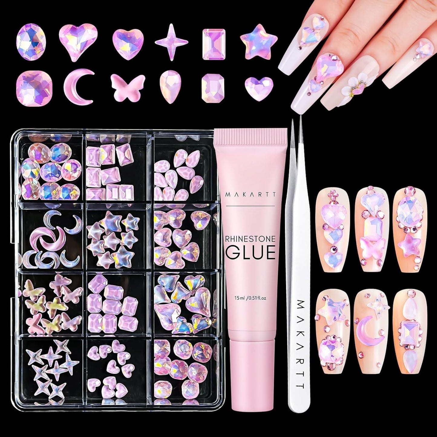 Makartt Gel adhésif pour strass – 15 ml de colle UV pour ongles avec breloques roses en forme de cœur, bijoux et accessoires de design d'ongles pour manucure à domicile, cadeau de Saint-Valentin