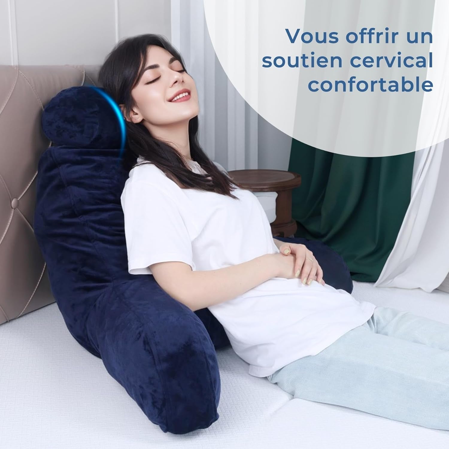 Oreiller de lecture INFANZIA avec accoudoirs, mousse à mémoire de forme, support ergonomique pour canapé et lit, bleu marine