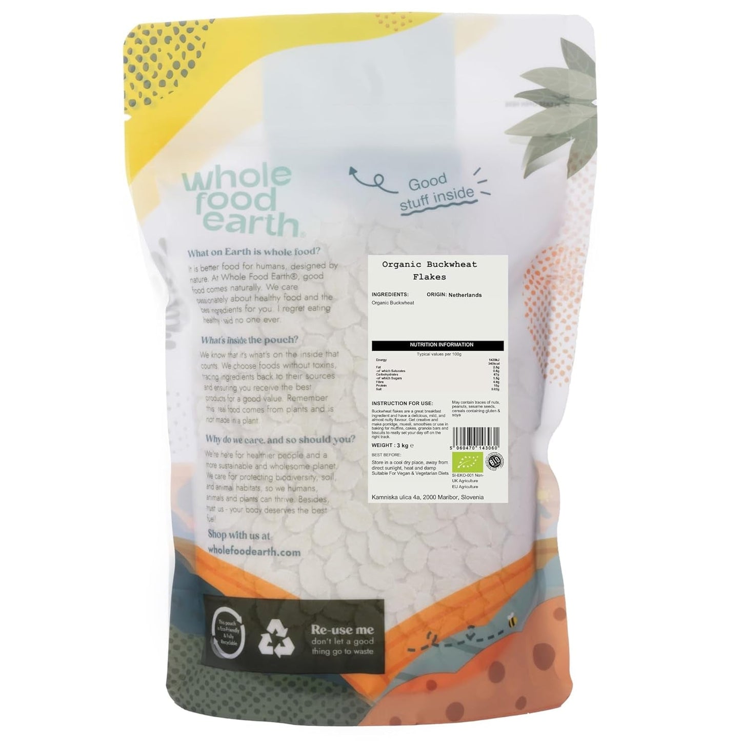Flocons de sarrasin biologiques Wholefood Earth – 3 kg | Brut | Sans OGM | Végétalien | Source de fibres | Certifié biologique