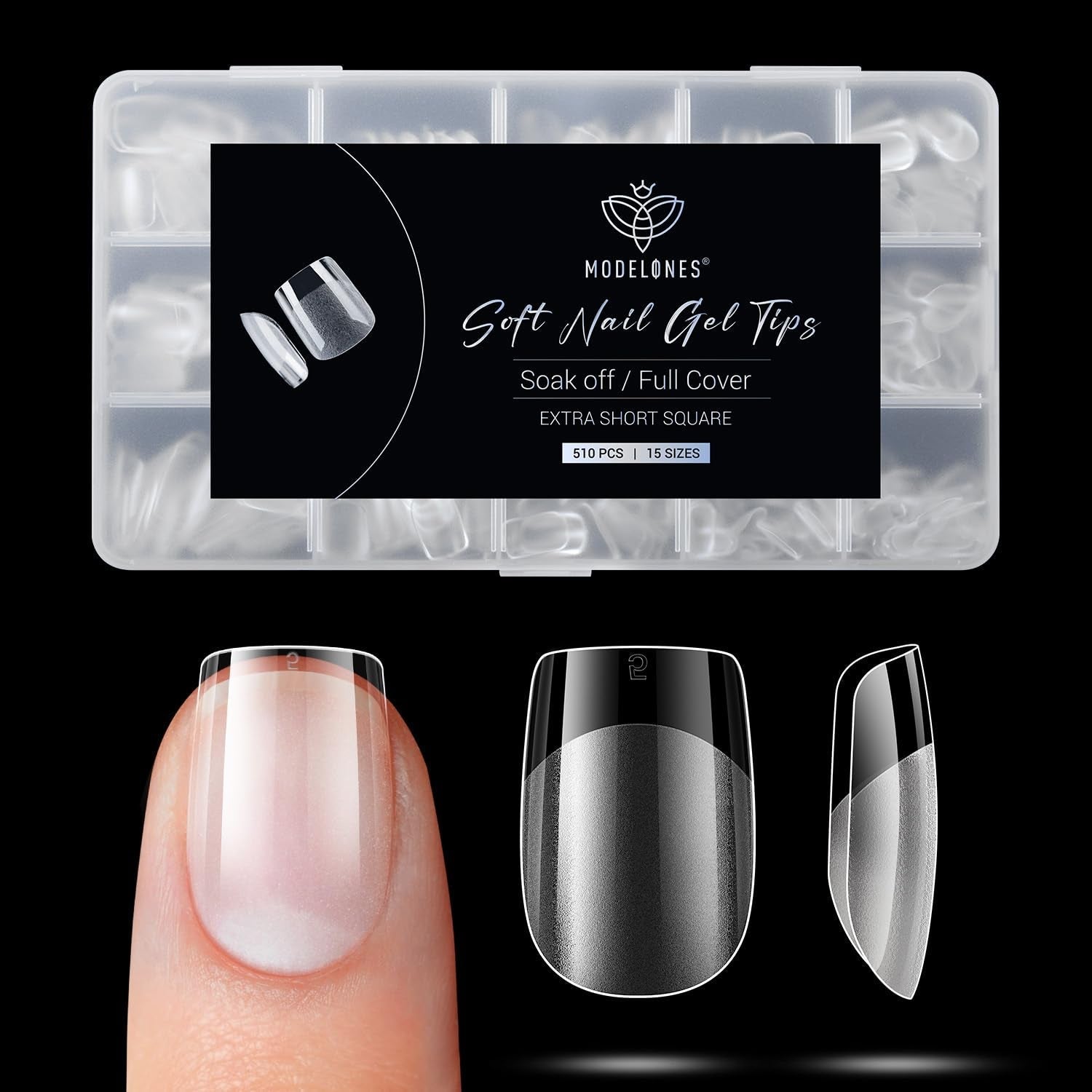 Modelones Nail Tips 510 pièces – Ensemble de pointes d'ongles à couverture complète, ensemble de pointes en gel, pointes d'ongles en résine PMMA pré-polonées, ongles artificiels à coller sur Nail Art DIY, Squoval court