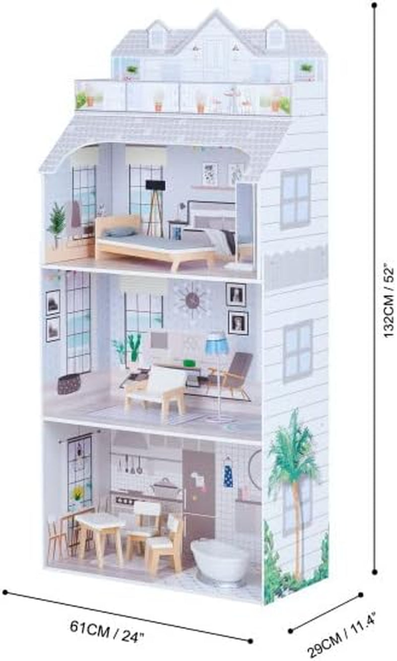 Teamson Kids Olivia's Little World Maison de poupée géante avec meubles et accessoires, maison de poupée en bois, ensemble de jeu à 3 niveaux pour poupées de 30 cm, à partir de 3 ans