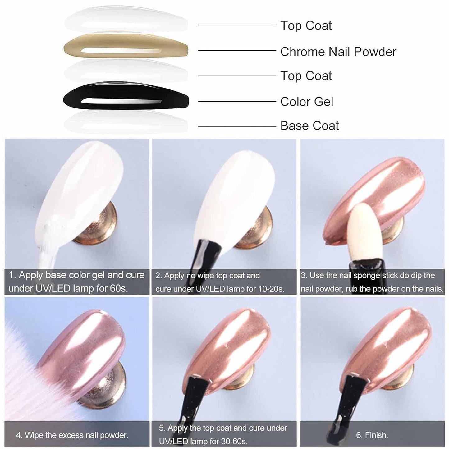GZMAYUEN Chrome Pulver pour ongles 6 couleurs miroir Chrome poudre à ongles Pigment poudre Nail Art