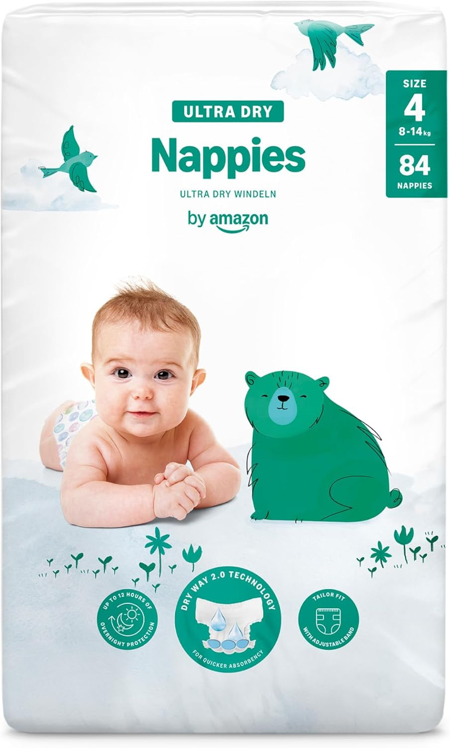 Couches Amazon Ultra Dry, taille 3 (4-9 kg) – Boîte mensuelle, blanche, 172 unités (2 paquets de 86) (anciennement Mama Bear, produit identique)