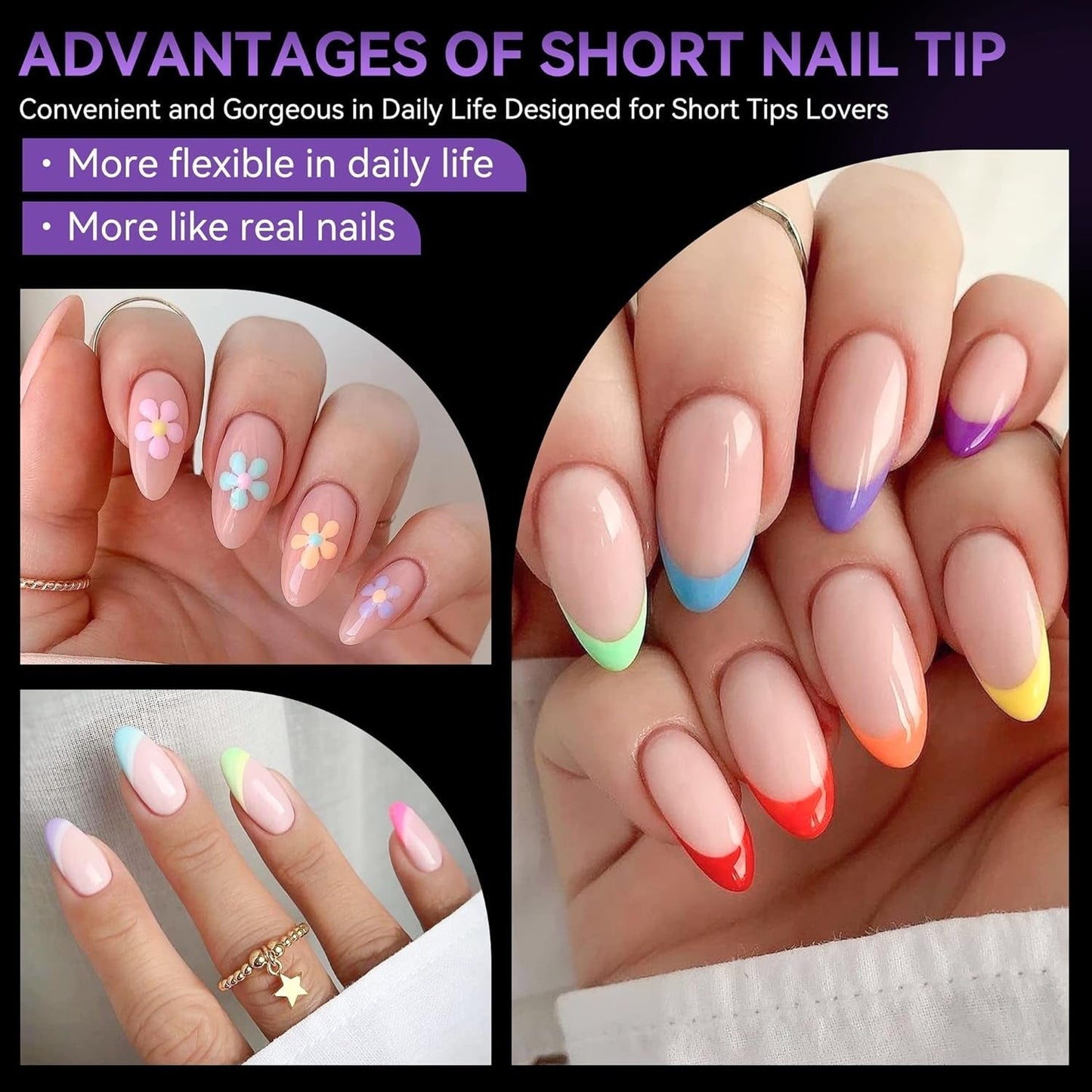 Gelike Ec Ongles courts en amande – Ongles souples à couverture complète, ongles artificiels pré-polis pour extensions d'ongles, studio de manucure à domicile, salon de bricolage, 120 pièces, 12 tailles