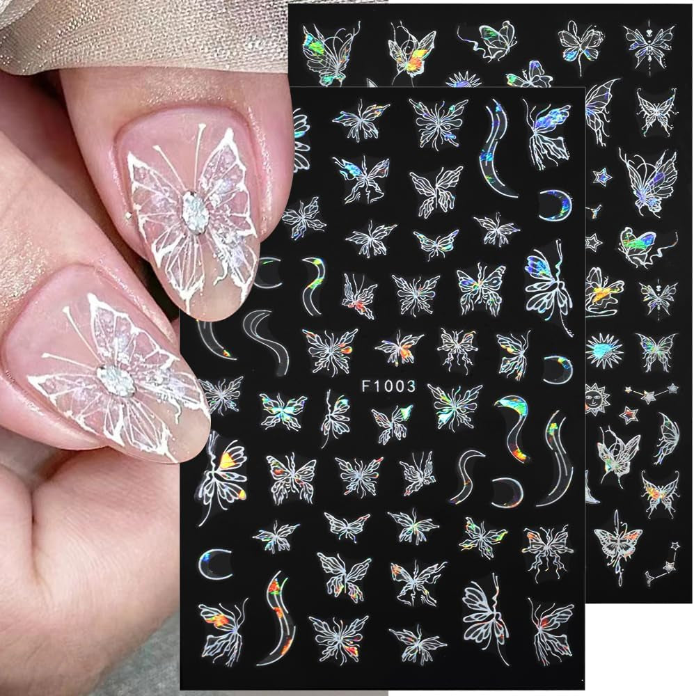 4 feuilles holographiques Laser blanc Schmetterling Nagelsticker,Y2K Aurora Schmetterling Stern Nail Sticker 3D Flamme Herz Nageldesign Nagelsticker Selbstklebend Nagel Sticker Nagel Zubehör Nail Art