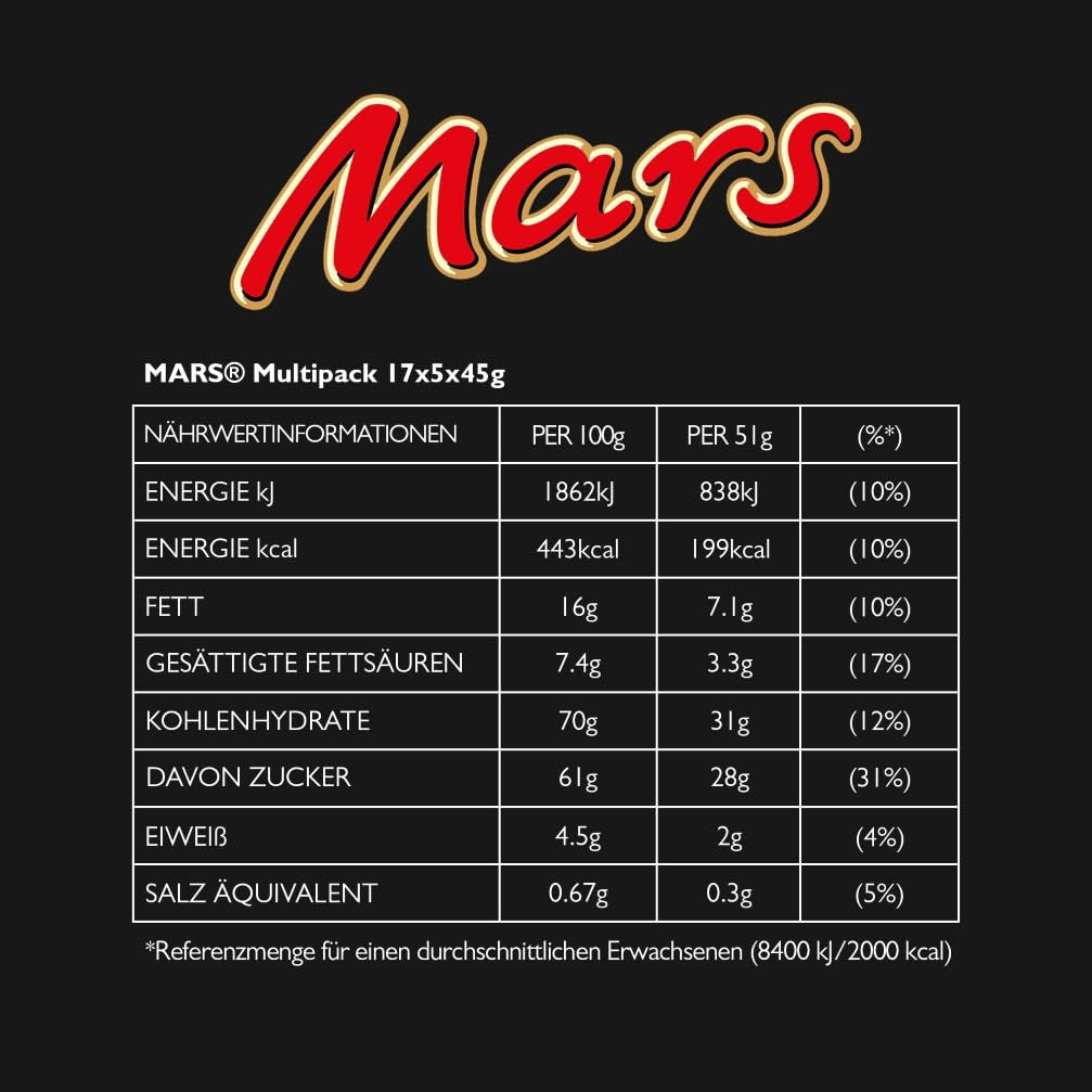 Tablettes de chocolat Mars, caramel, chocolat, 1 paquet de 5 barres (1 x 225 g)