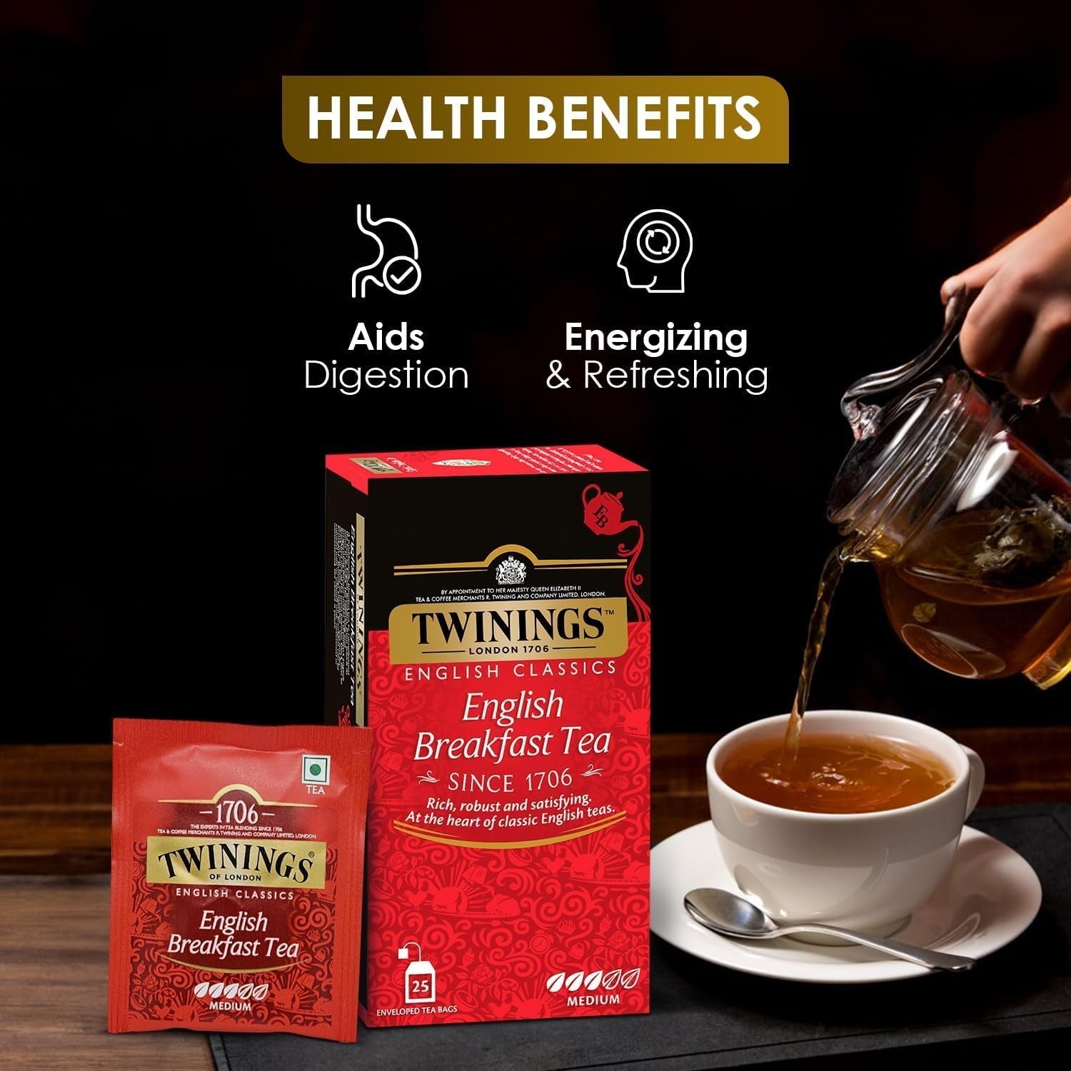 Thé Noir Twinings English Breakfast 50 g, 25 sachets de thé, thé noir ample, rond et fort issu des meilleures plantations de thé du Sri Lanka et d'Inde. Thé noir Paquet de 1 (1 x 50 g)