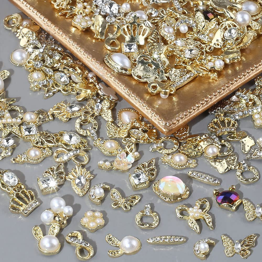 50 pièces de breloques à ongles dorées, mélange de styles, pierres scintillantes, perles, jambes, pierre de naissance, fleurs, strass, perles, bijoux, bijoux, décoration d'ongles DIY pour femmes