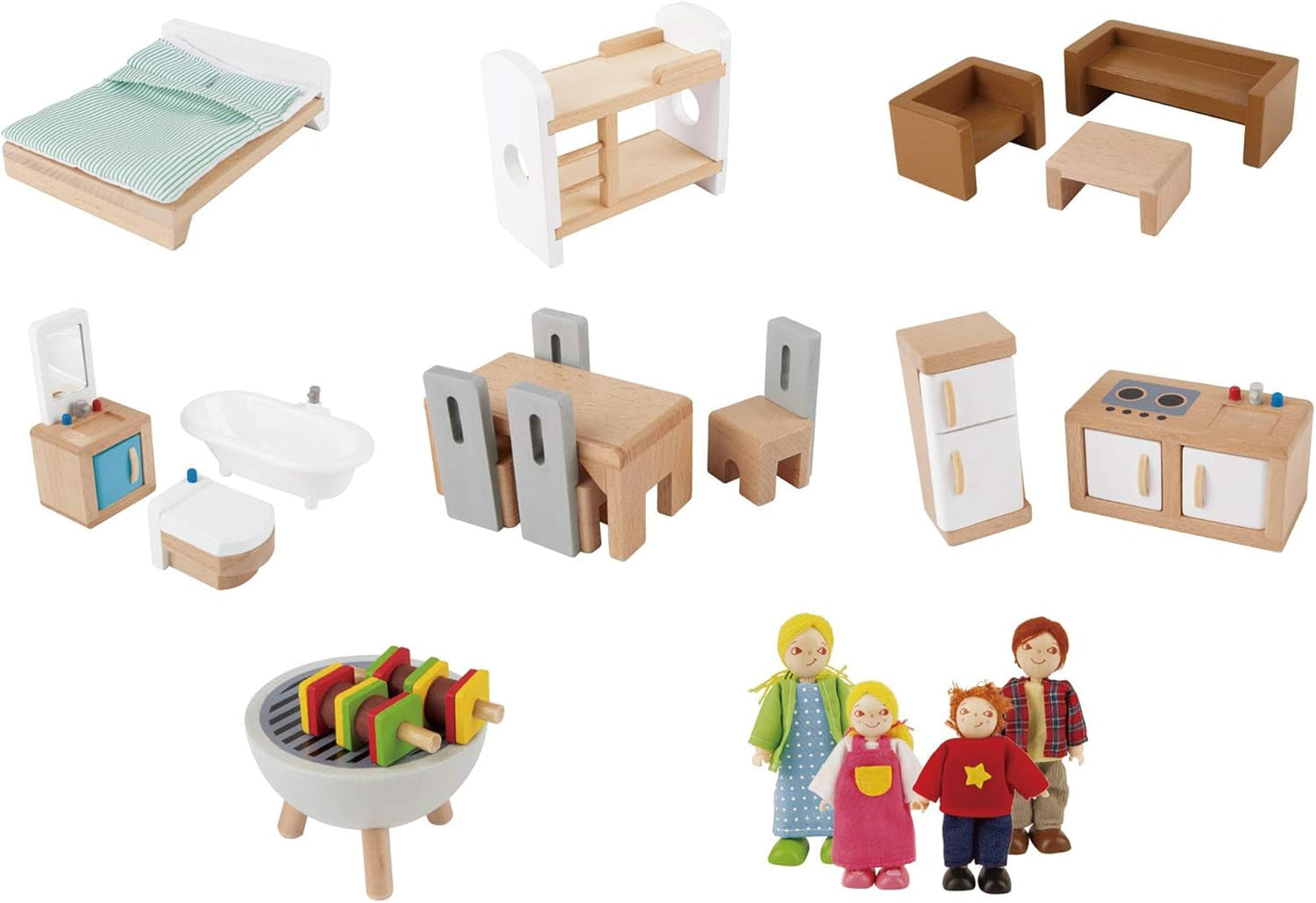 E3405 - Maison de poupée, Maison de poupée avec accessoires, en bois et E3500 - Famille de poupées, peau claire