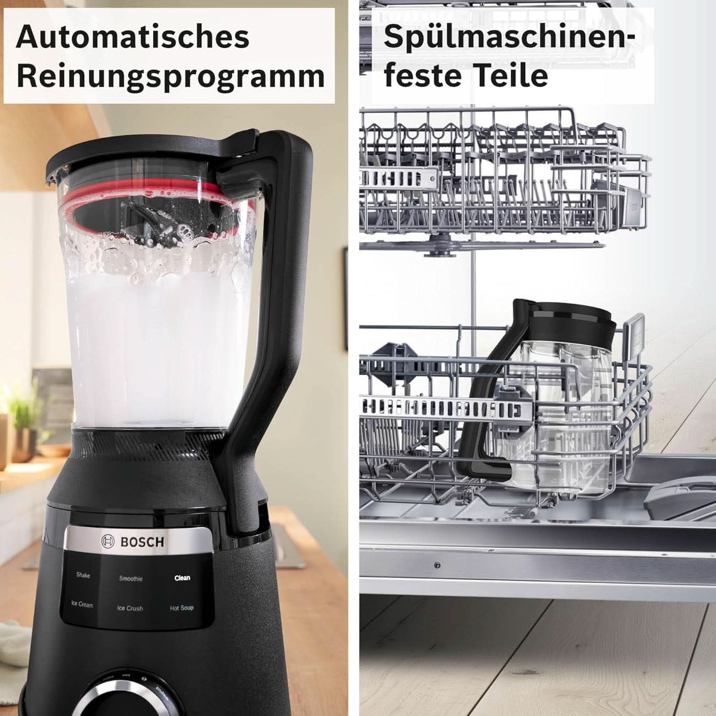Batteur sur socle à grande vitesse Vitapower Serie 6 MMBD665B1, 45 000 tr/min, 6 programmes Inkl Heiße Suppe & Reinigung, 2 L Mixbehälter, Stopfer, Spülmaschinenfeste Teile, Made in Europe, 1800W, Schwarz Kitchen Naty Shop