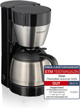 Cloer 5009 Machine à expresso à filtre gardant au chaud jusqu'à 8 tasses 800 W avec carafe isolée en acier inoxydable 1x4 tasse filtrante noir
