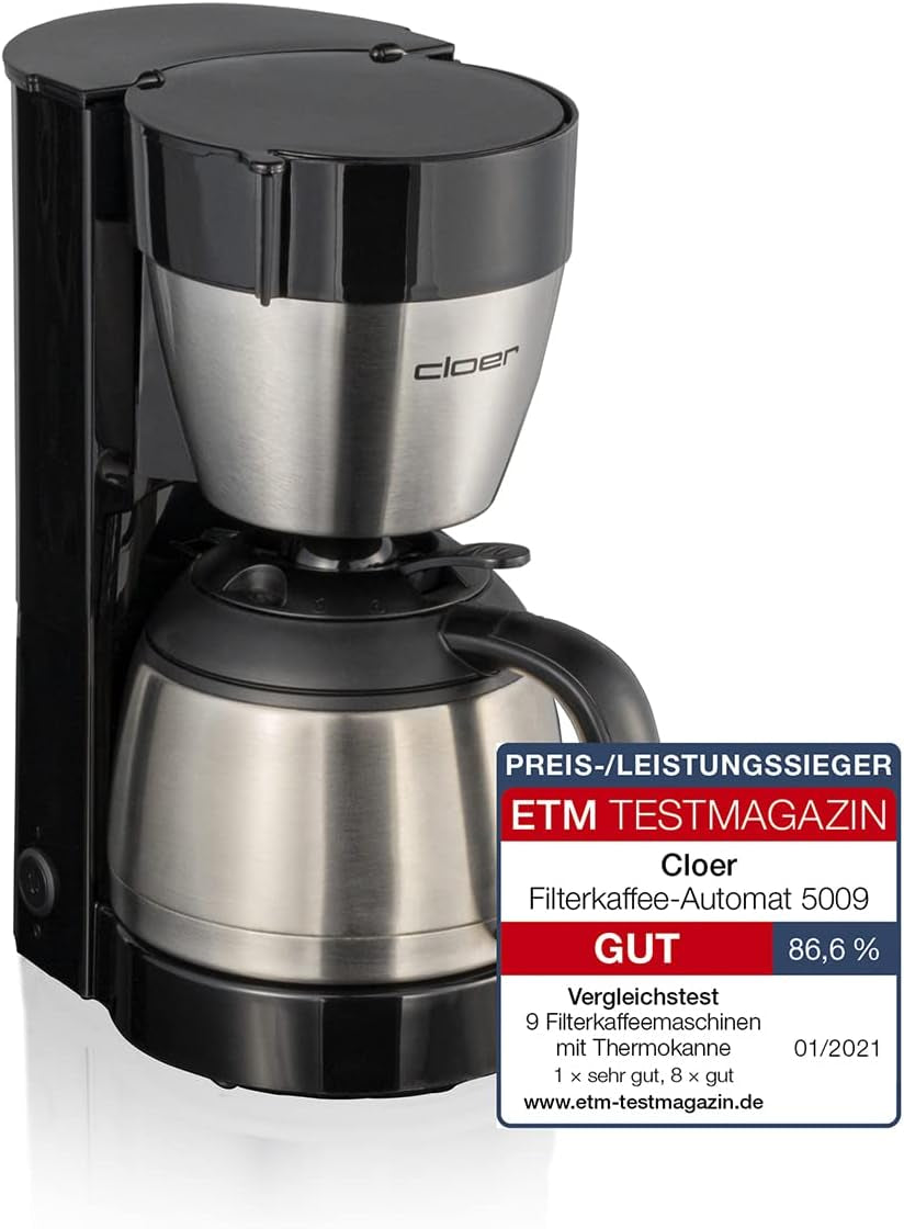 Cloer 5009 Machine à expresso à filtre gardant au chaud jusqu'à 8 tasses 800 W avec carafe isolée en acier inoxydable 1x4 tasse filtrante noir