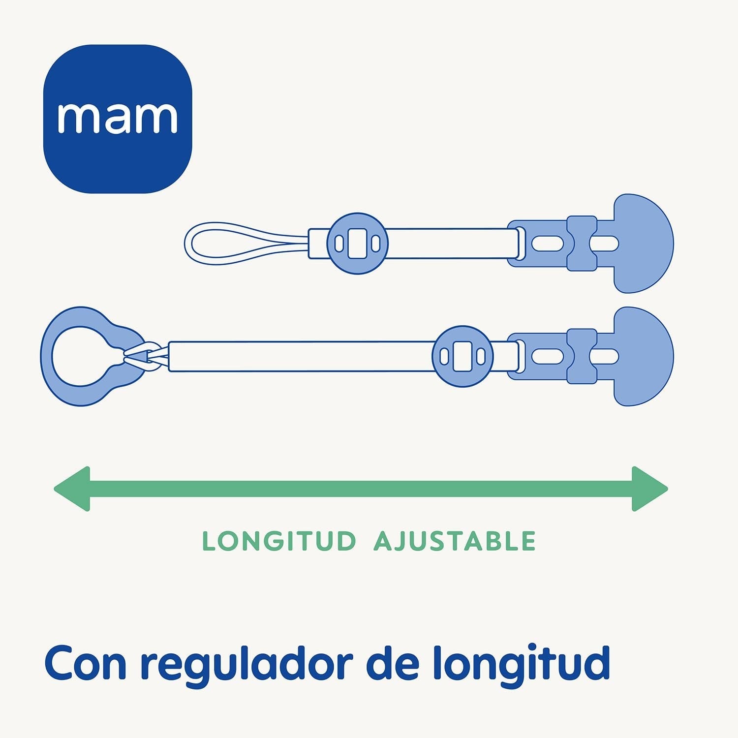 Sucette MAM, adaptée à tous types de tétines, anneaux de dentition et jouets, longueur réglable, avec cache-tétine, lavable, neutre, 1 pièce, assortie
