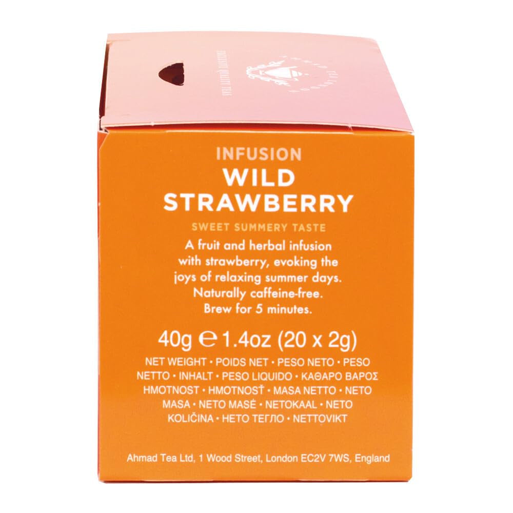 Ahmad Tea - Fraise des bois - Tisane décaféinée aux fruits et aux herbes - Fraise - Sachets de thé emballés individuellement avec 2 g de thé par portion - 20 sachets de thé en bandes