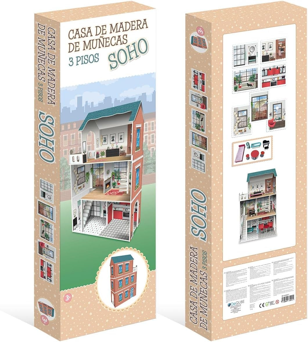 Maison de poupée design Soho-Madera à 3 étages avec 8 meubles, dimensions 120 x 33 x 75 cm (913D00181)