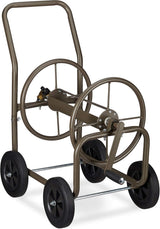 Chariot à tuyau Relaxdays XL, enrouleur de tuyau mobile, en métal, pour tuyau de 60 m, 4 roues, avec manivelle, rouleau 90°, marron