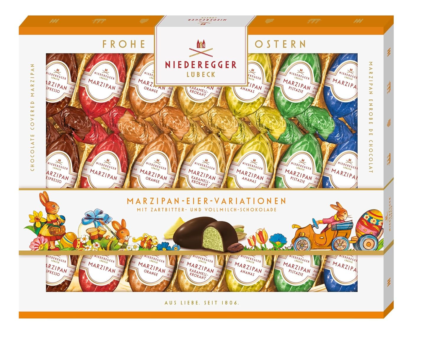 Niederegger | Œufs en pâte d'amande | 1x262g | Variantes : Classique, Chocolat au lait, Orange, Caramel Crunch, Ananas, Expresso et Pistache | Recouvert de chocolat noir et au lait | Cadeau de Pâques