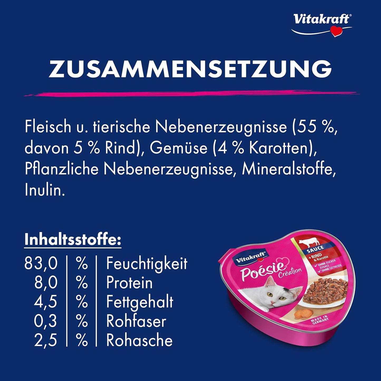 Vitakraft Poésie Création, nourriture humide pour chat, nourriture humide en sauce, au bœuf et à la carotte, en vrac, sans sucre ni céréales ajoutés (15 x 85g)