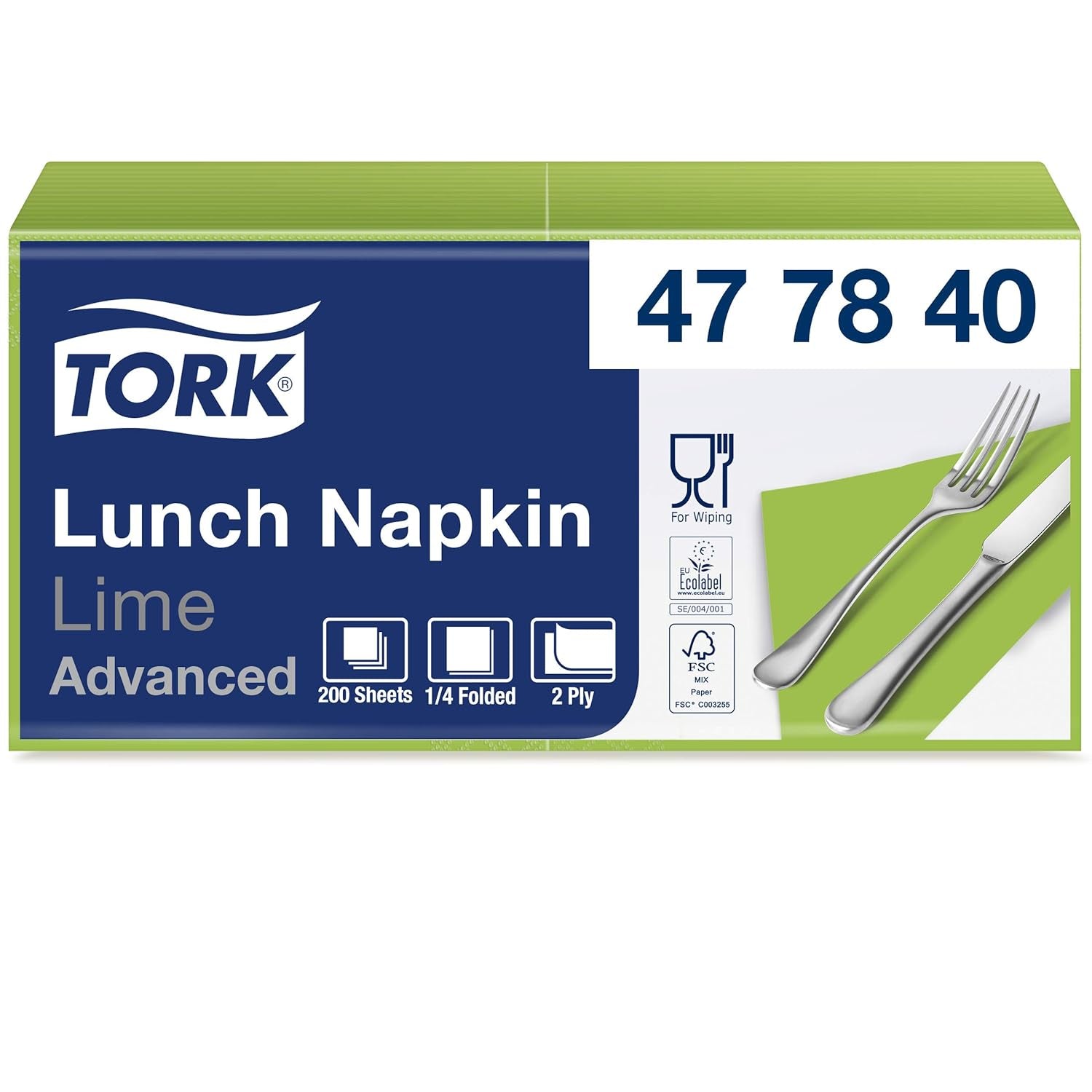Tork 477840 Serviettes à déjeuner citron vert / Serviettes 2 épaisseurs pour petits repas ou collations / Qualité avancée / 10 X 200 (2000) Serviettes en papier / 32,6 X 33 cm (L X L) / 1/4 plié