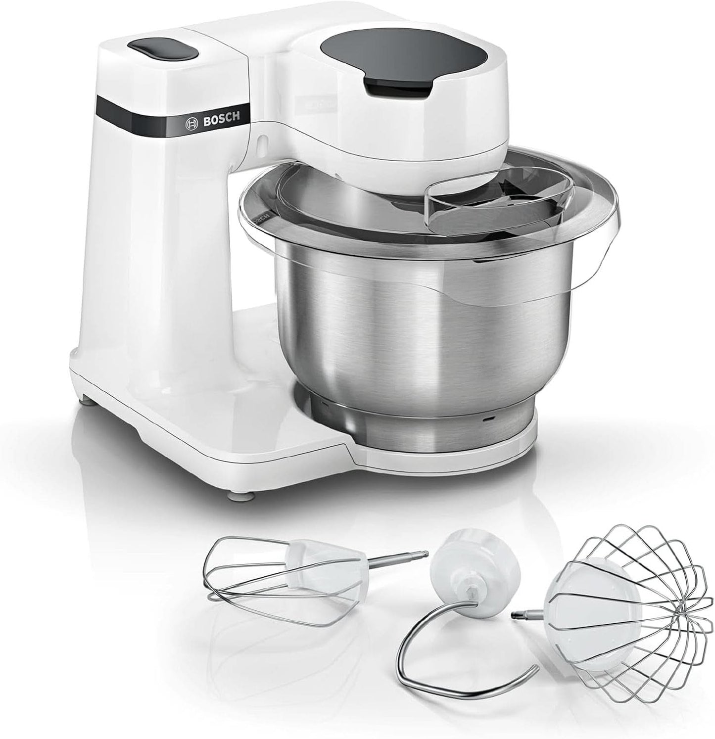 Bosch Küchenmaschine Serie 2 MUMS2EW00, Edelstahl-Schüssel 3.8 L, Planetenrührwerk, Knethaken, Schlag-, Rührbesen Edelstahl, 4 Arbeitsstufen, DurchOptiones Zubehör Erweiterbar, 700W, Weiß Kitchen Naty Shop