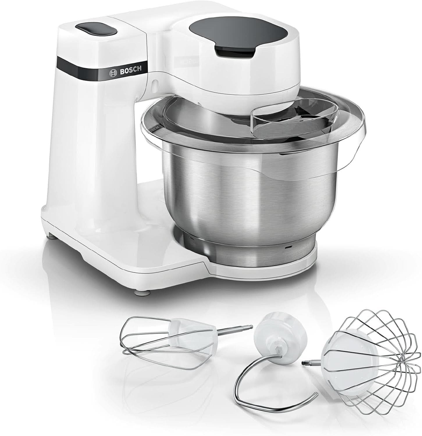 Bosch Küchenmaschine Serie 2 MUMS2EW00, Edelstahl-Schüssel 3.8 L, Planetenrührwerk, Knethaken, Schlag-, Rührbesen Edelstahl, 4 Arbeitsstufen, DurchOptiones Zubehör Erweiterbar, 700W, Weiß Kitchen Naty Shop
