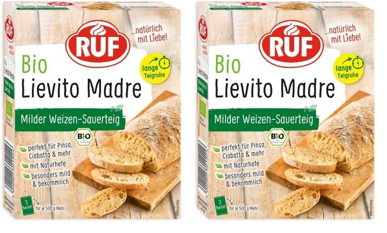 RUF Lievito Madre Sauerteig, Milder Weizen-Sauerteig, Mutterteig, Kurze Teigruhe Durch Enthaltene Trockenhefe, Lievito Madre Getrocknet Für Brot, Baguette, Focaccia, 3X35G Mélange pour la pâtisserie et la cuisson Naty Shop 105 G (2Er Pack) Lange Teigruhe