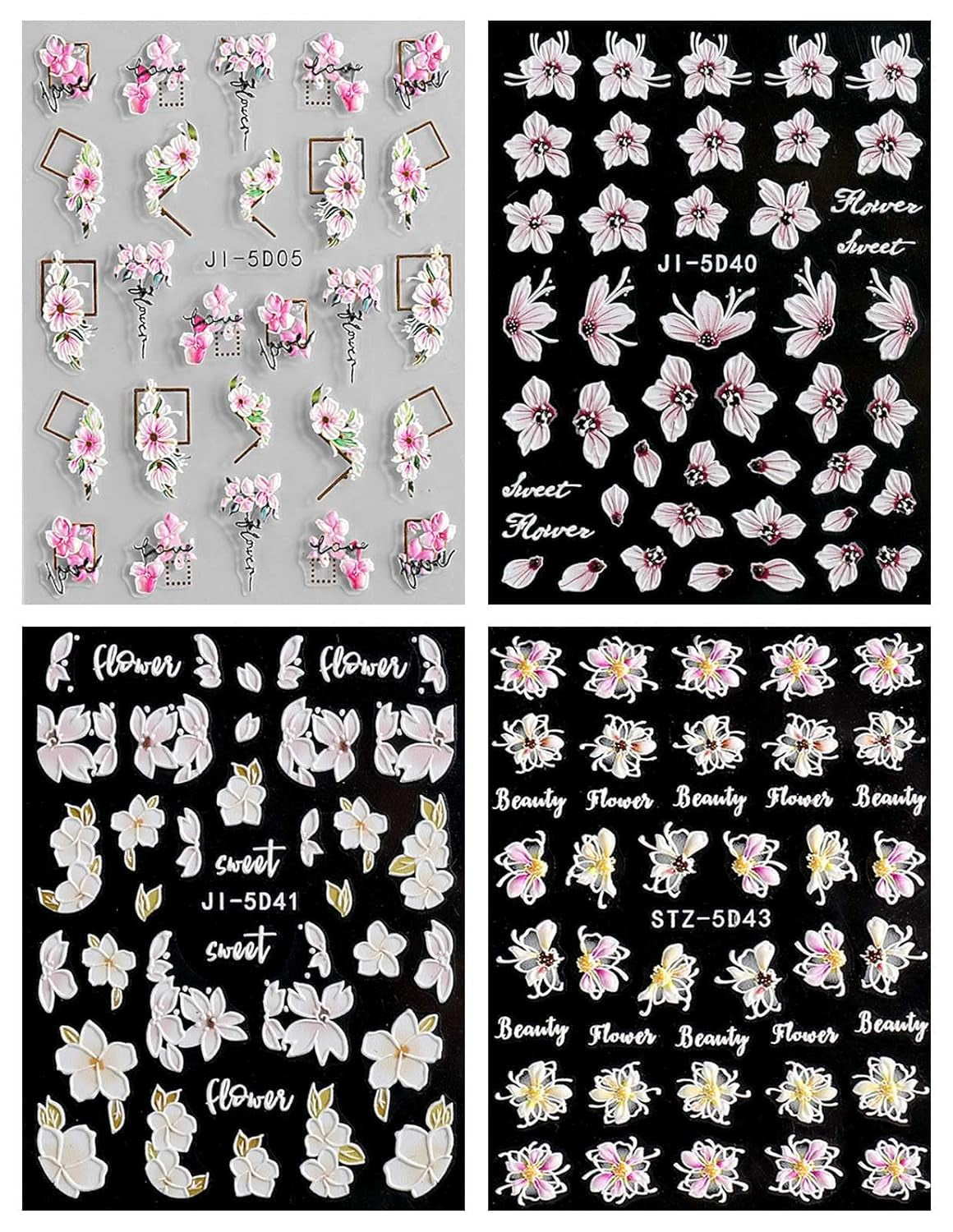 JMEOWIO Autocollants de manucure 3D pour ongles, fleurs, autocollants pour nail art, autocollants auto-adhésifs, bandes stéréoscopiques 5D, décoration de fleurs d'été, design de manucure, 4 feuilles