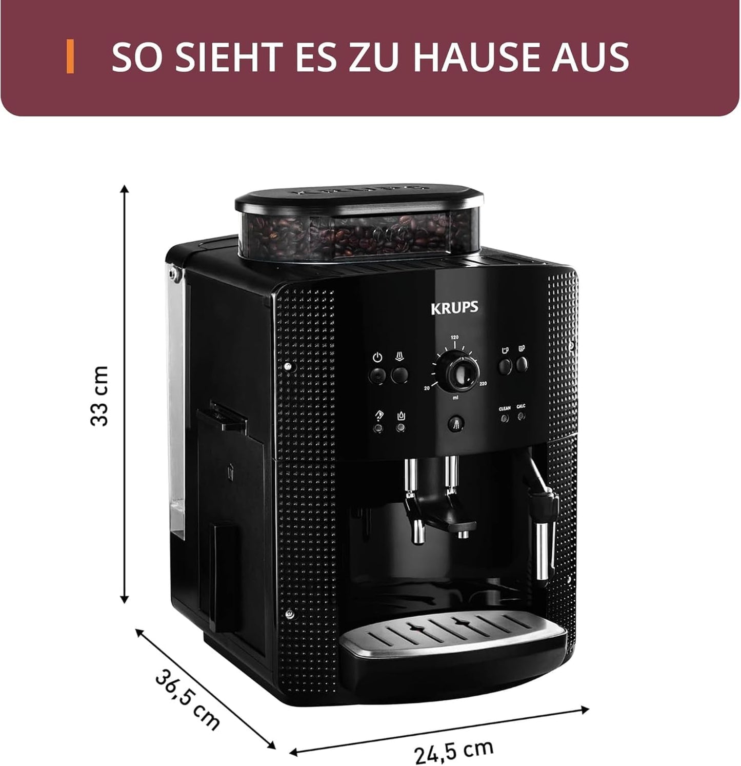 Machine à expresso automatique KRUPS Arabica Picto, design compact, facile à utiliser, commande rotative intuitive réglable, mousseur à lait, fonction 2 tasses, machine à expresso, noir, EA810870