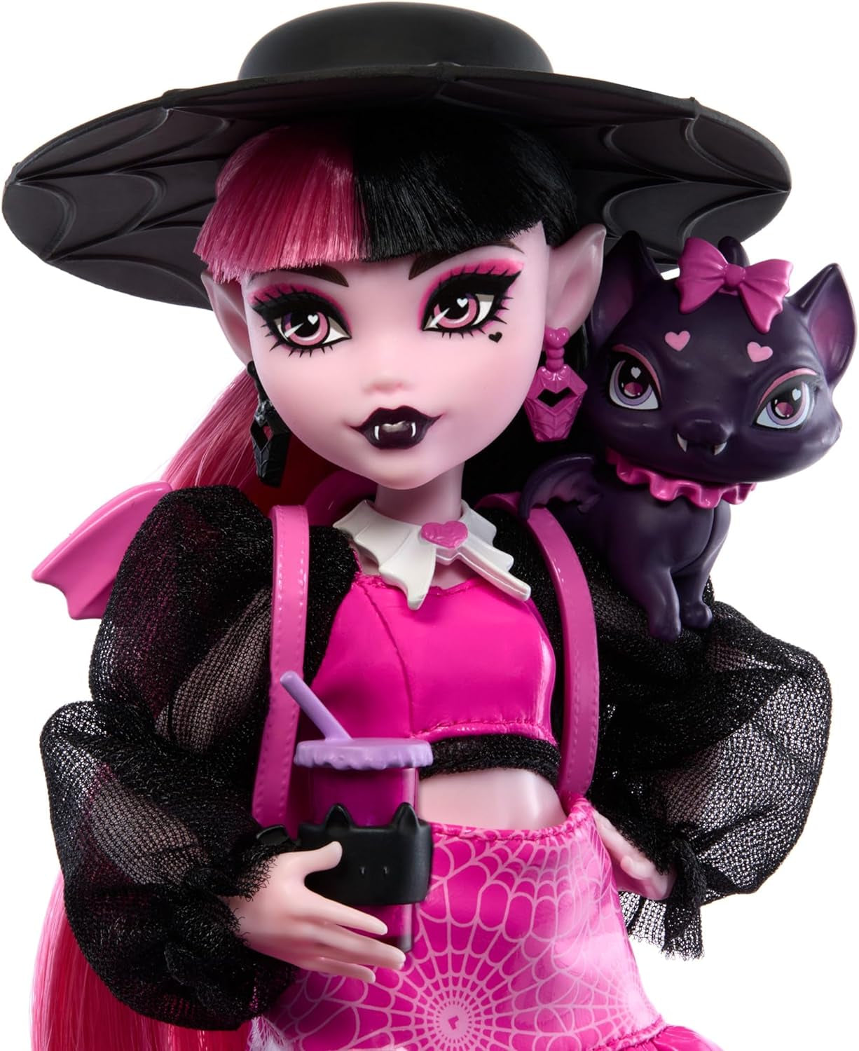 Poupée Monster High Draculaura avec son animal de compagnie Count Fabulous, chat chauve-souris et accessoires tels que sac à dos, livre de sorts, boîte à bento et plus encore, HRP64 Naty Shop Dolls