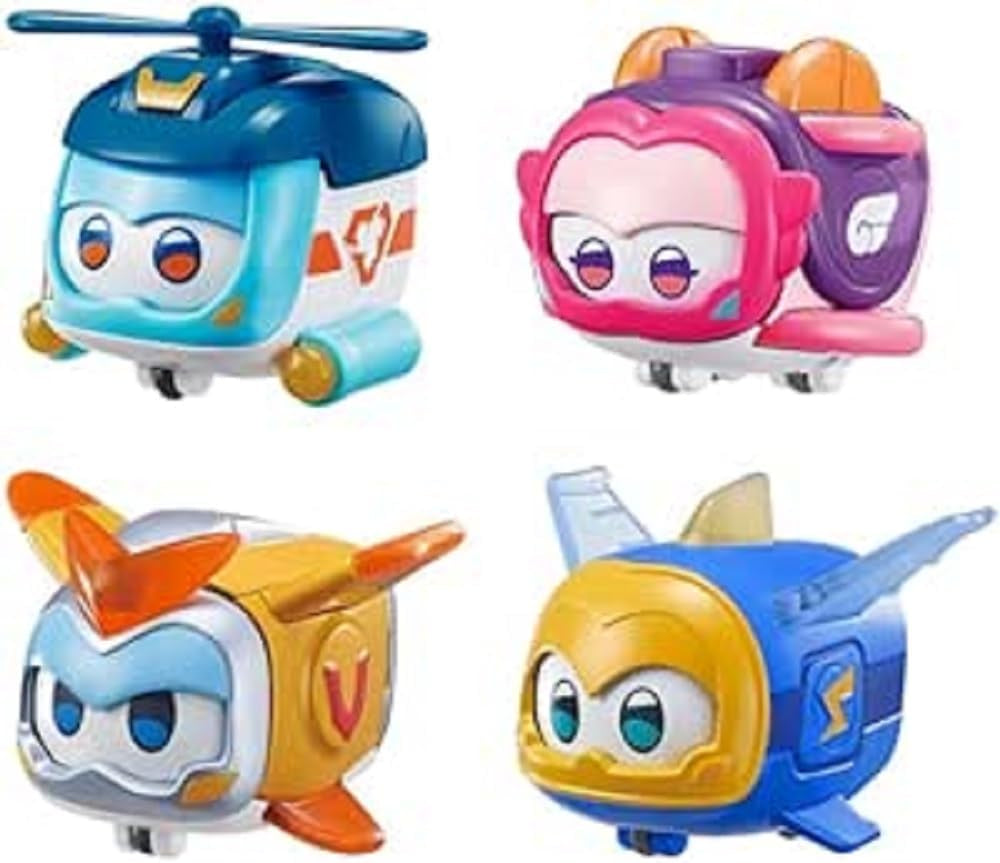 Super Wings Super Pets 4 PCS Shine, Golden Boy, Jerome, Ellie Expression faciale commutable Effet foudre Jouet portable pour 3 4 5 6 7 8 ans Garçon Fille Figurines d'action 2 pouces Naty Shop 4 Pack A