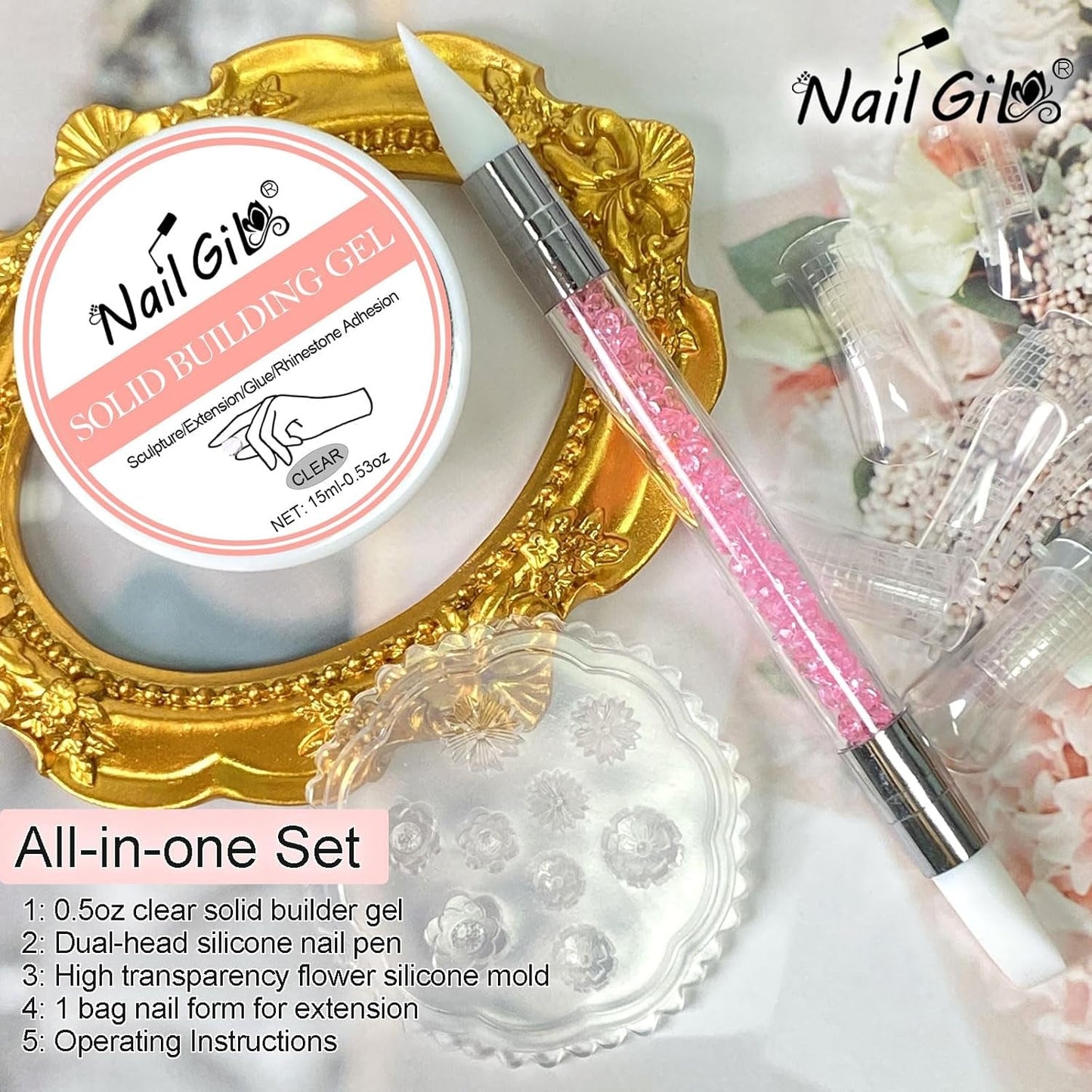 NAILGIL Vernis à ongles en gel solide, colle à ongles en gel solide, sculpture d'art d'ongle 3D avec ensemble d'outils, salon de bricolage à domicile, transparent 15G