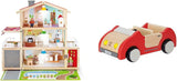 E3405 - Maison de poupée, Maison de poupée avec accessoires, en bois et E3475 - Accessoires de maison de poupée, Voiture familiale